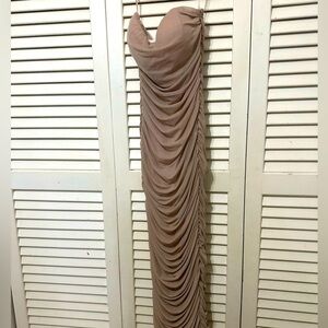 Bodycon Ruched Mesh Tubetop Dress: Beige/Tan